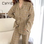 Женский Пижамный костюм CAIYIER, свободная пижама в клетку с длинным рукавом и отложным воротником, в Корейском стиле, Осень-зима