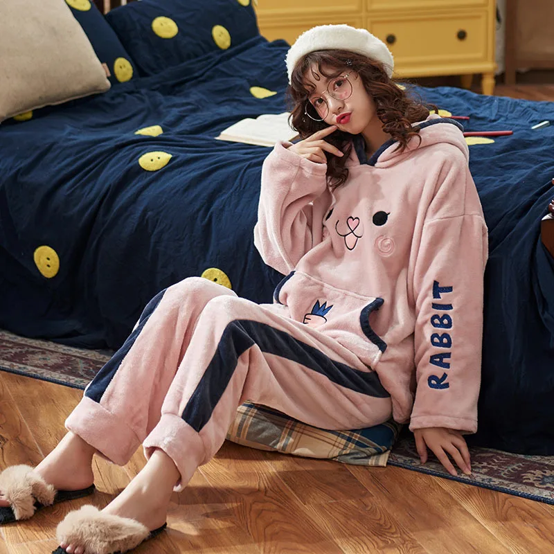 

Coral Velvet Pyjama Lady Winter Thick Warm Plus Velvet Winter Long-sleeved Frankincly Velvet Autumn and Winter Home Clothing Set