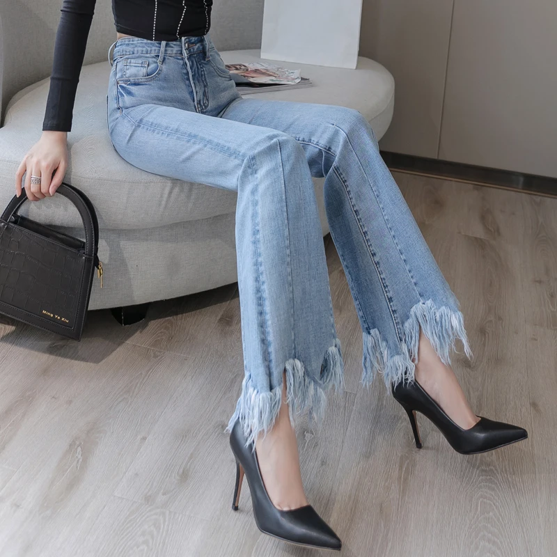 

2021 Fashion Spring Autumn Tassel Jeans Pants Flowers Elegant Female Wide Legs Flare Pants High Waist Ladies Long Trousers KZ483