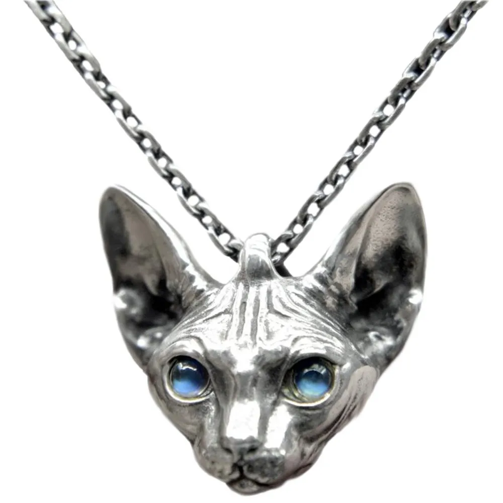 New solid pure 925 silver cat pendant for woman moonstone eyes hairless cat couple pendant original silver creative gift