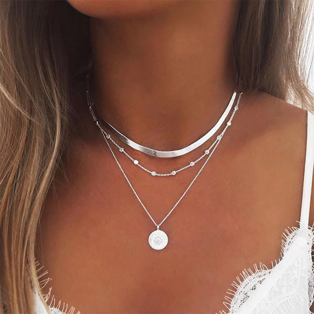 

Silver Color Lotus Pendant Necklace Layered Chain Necklace Women Fashion Personalized Choker Necklaces Bead Coin Jewelry New