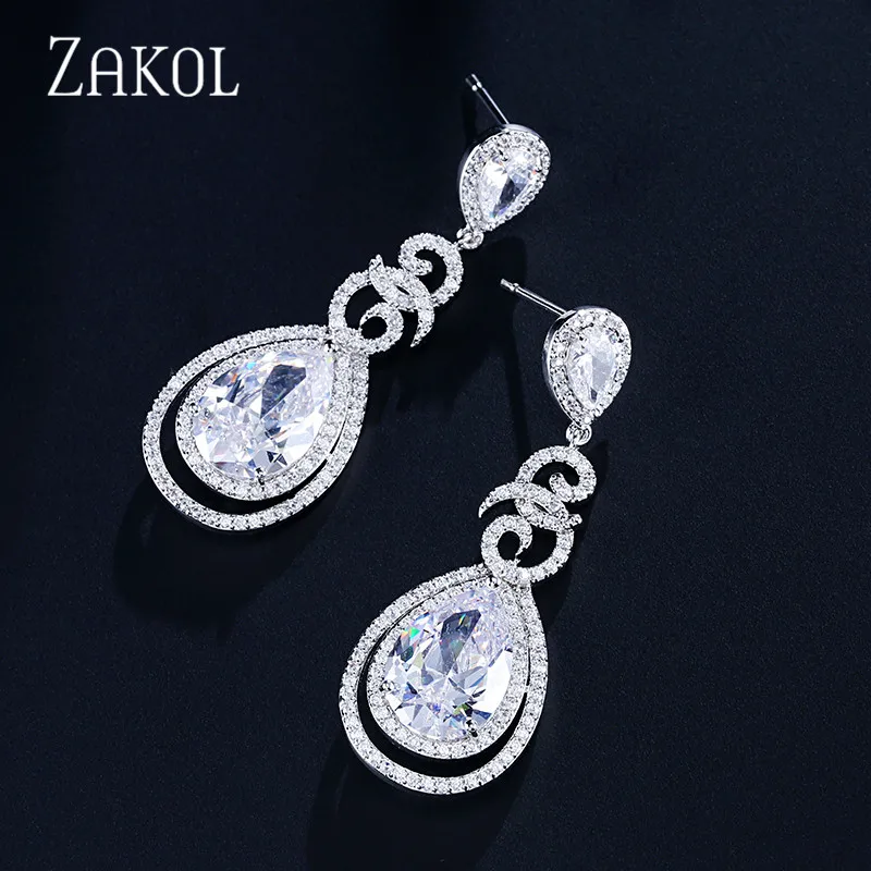 Роскошные Длинные серьги-подвески ZAKOL с фианитами в форме капли воды для
