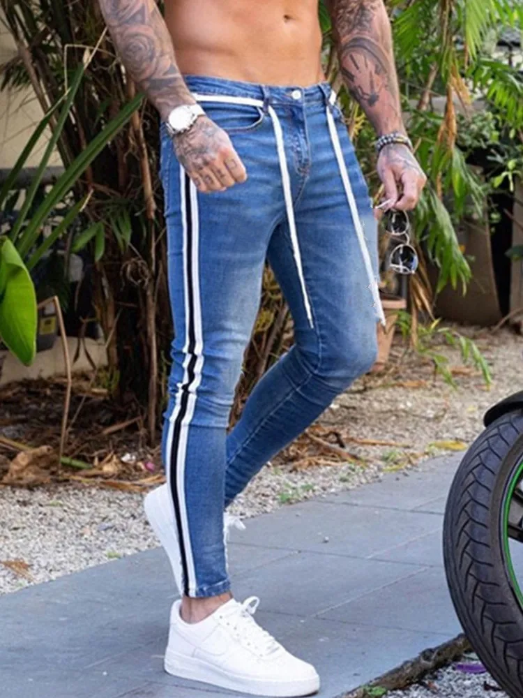 

Джинсы мужские потертые байкерские в стиле хип-хоп, облегающие брюки-карандаш из денима с потертостями, одежда в уличном стиле, s Biker Destroye