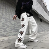 star patch designs jeans white women letter embroidery hip hop streetwear straight trousers female high waist patchwork jeans