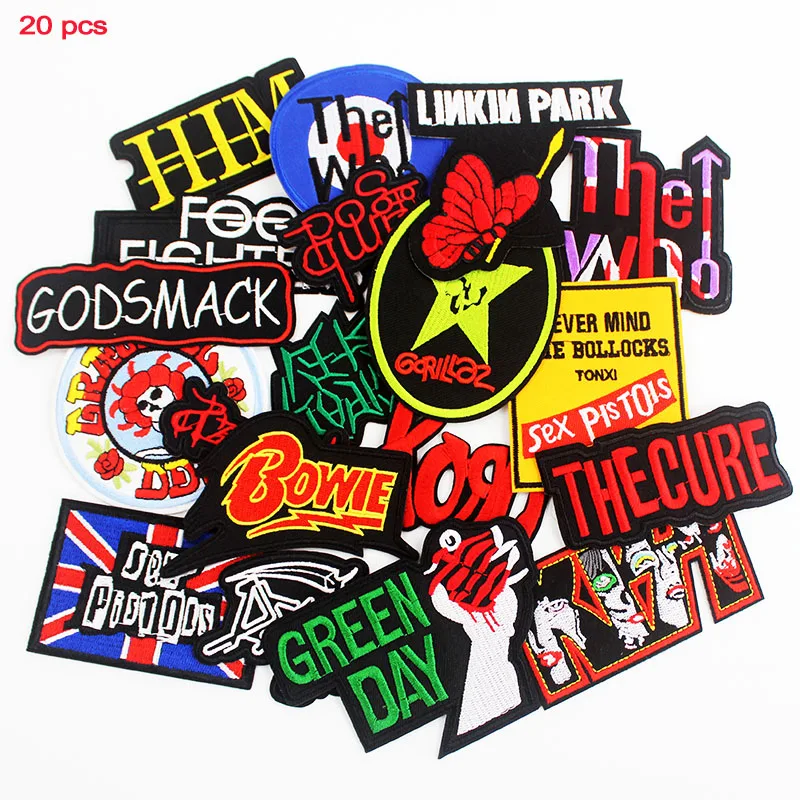 

Fashion Punk Rock Music Embroidered Patches Badges iron on for clothing stripes on clothes Patch Stickers 20 pcs a lot