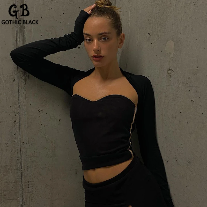 

Готическая Черная футболка, Модный Топ с длинным рукавом и вырезами, на шнуровке, комплект из двух предметов, облегающий, тонкий, сексуальны...