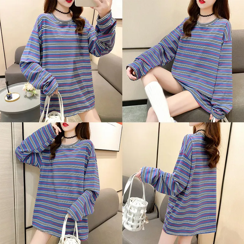 

New Fashion Korean Spring/Autumn Outer Wear Clothes Loose And Versatile Striped Long-sleeved Oversize T-shirt Top Ladies