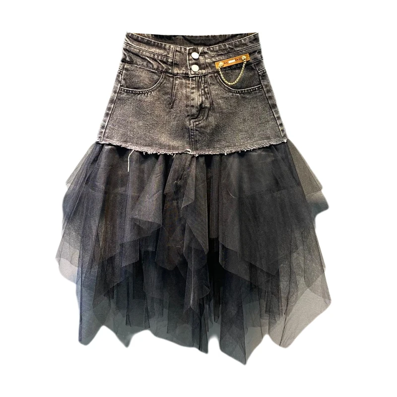 

SHENGPALAE Irregular Denim Stitching Mesh Mid Length Skirt Women's Spring 2021 New High Waist Fluffy A-line Skirt Female 5B250