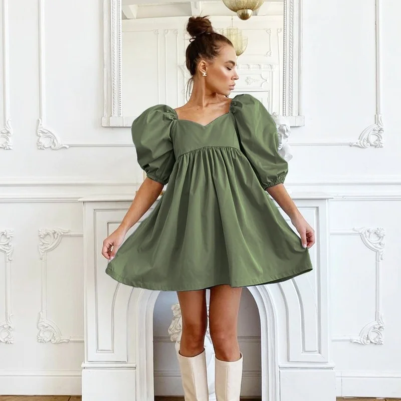 

White Elegant Mini Dress 2021 Summer Cotton Puff Sleeve V Neck Party Dresses High Waist Off Shoulder Design Solid Dress Women