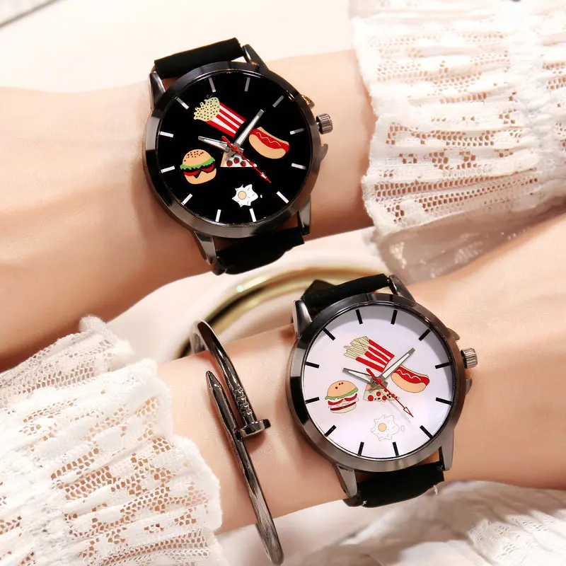 

Men Women Watch Pizza Hamburger Hot Dog Egg Fries Food Couple Watch Lunchtime Fashion Analog Quartz Girl Men Women Unisex