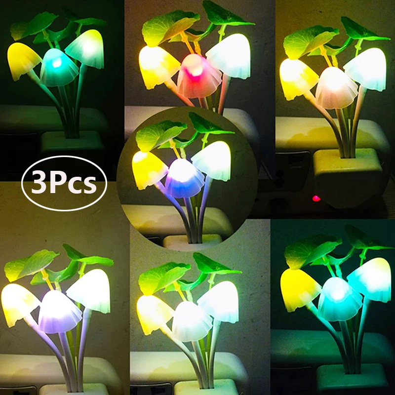 

3PCS Plug in LED Mushroom Night Light Lamp With Dusk to Dawn Sensor Color Changing Bed Nightlight LED Wall Light