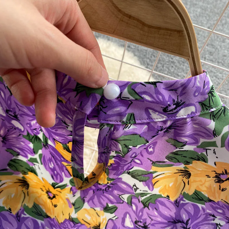 

2021 Summer French Style Girl Puff Sleeve Chiffon Shirt Cute Fresh Printed Graceful Women Blouses Stand Collar Slim-Fit Crop-Top