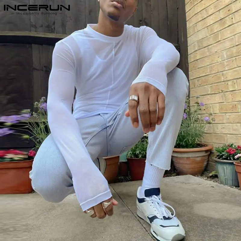 

Fashion American Style Tees Stylish Mens All-match Simple See-through Breathable Mesh Male Long-sleeved Tops 2021 S-5XL INCERUN