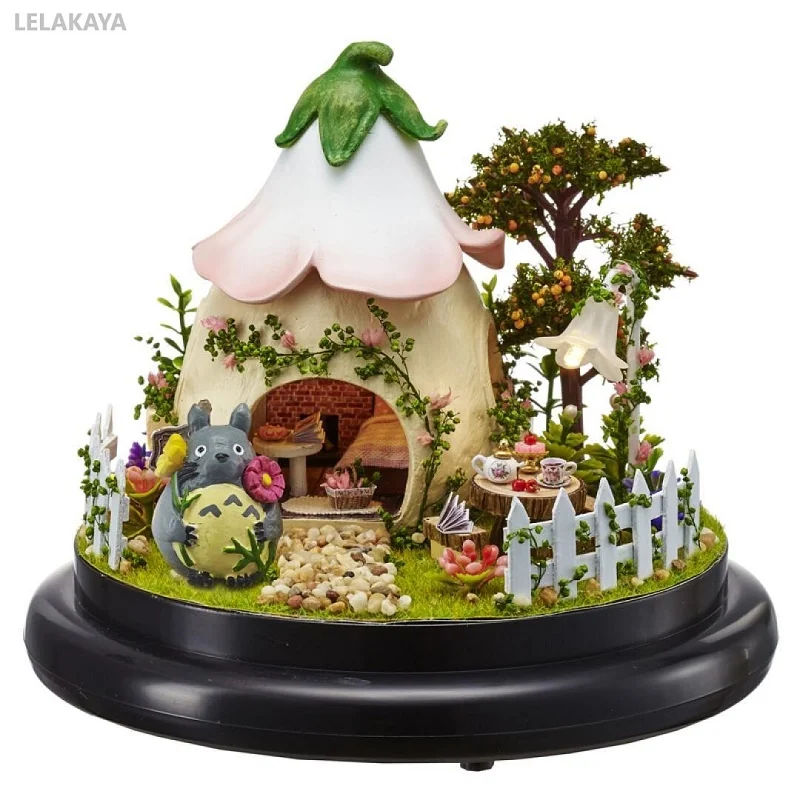 mini doll house diy totoro small handmade wooden miniature assembly doll house glass ball dollhouse decoration kit green garden free global shipping