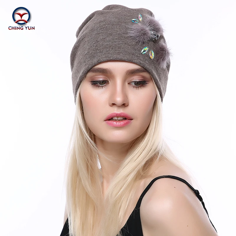 CHINGYUN 2019new кашемировая вязаная шапка мягкая зимняя теплая Высококачественная Женская однотонная вязаная шапка изысканное Настоящее плюшевое украшение