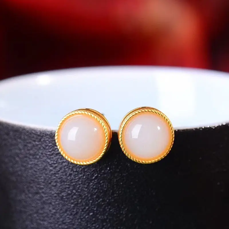 

Hetian Jade White Jade Stud Earrings White Jade Pendant Jade Pendant S925 Silver Inlaid Ear Studs Pendant Ancient Style Silver
