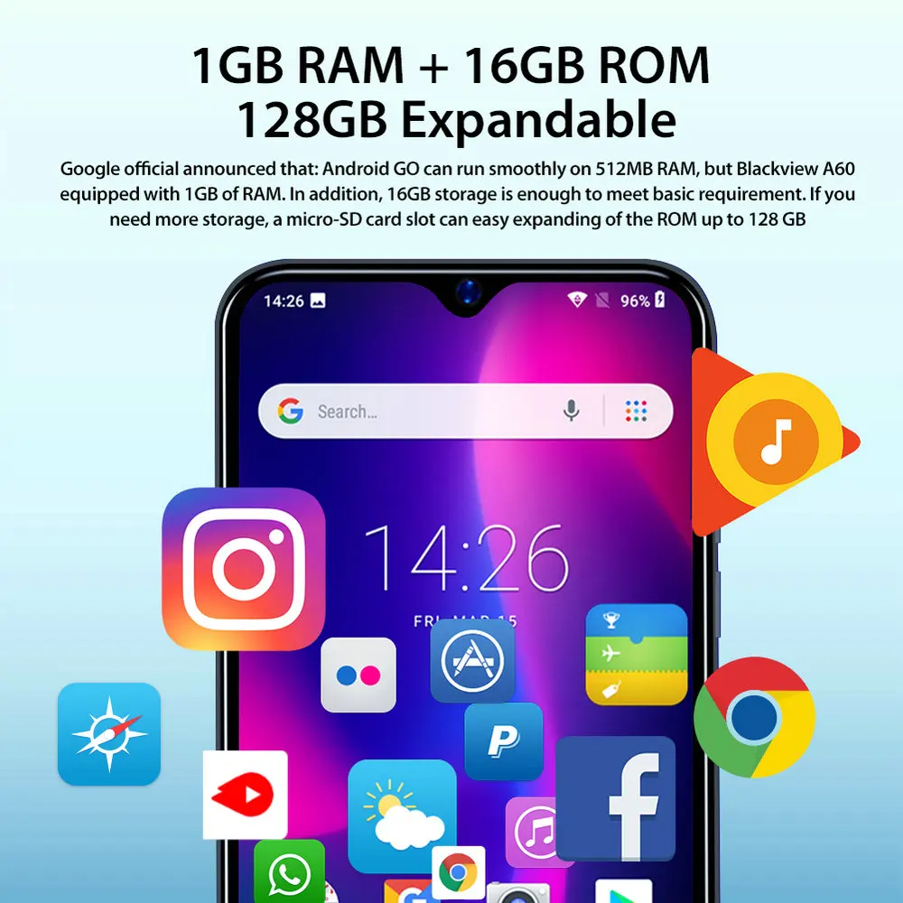 Blackview A60 6," смартфон 19,2: 9 полный экран капли 4080 мАч Android 8,1 мобильный телефон 1 Гб+ 16 Гб 13,0 МП мобильный телефон
