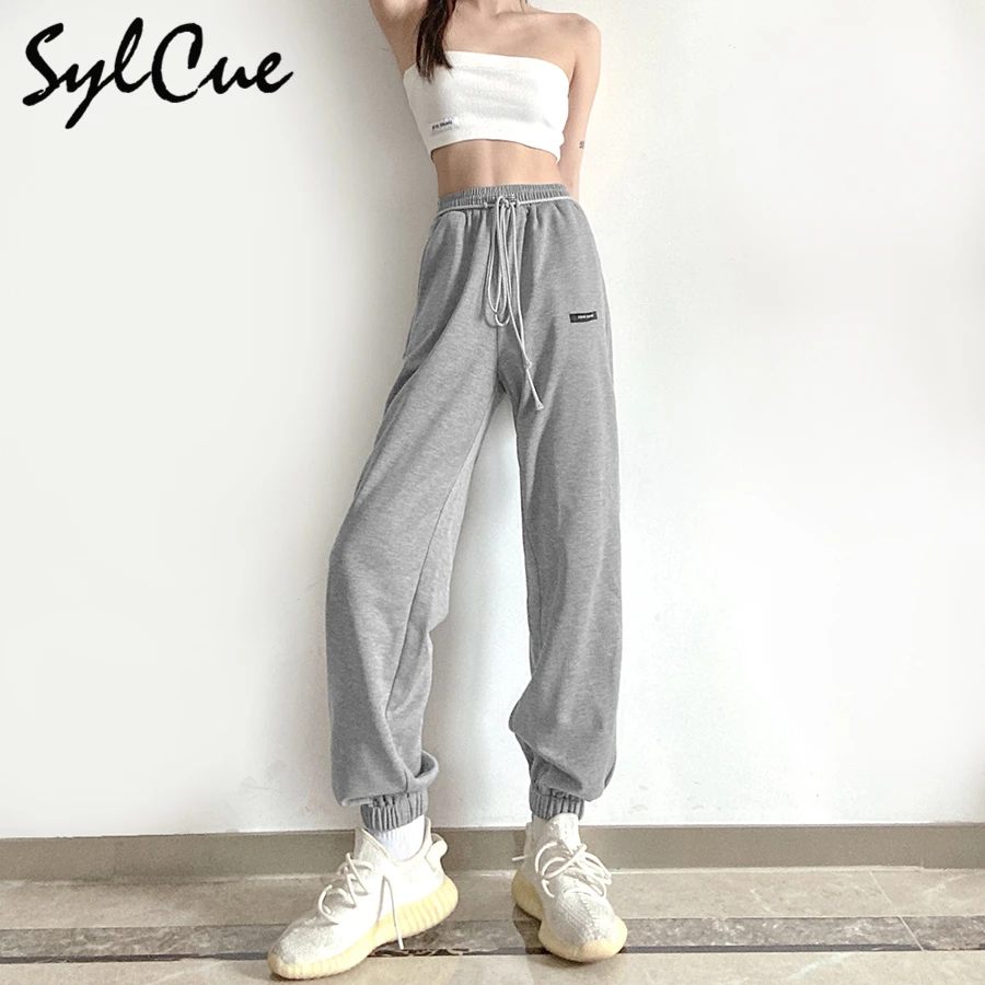 

Sylcue Autumn's new grey high-waist sweatpants tight waists straps slim makes long legs joker casual street fashion clothing