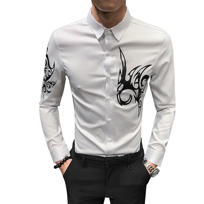 

Black/White Fashion British Style Print Shirt Tuxedo Long Sleeve Simple All Match Slim Fit Casual Blouse Men Clothing 2021 3XL-M