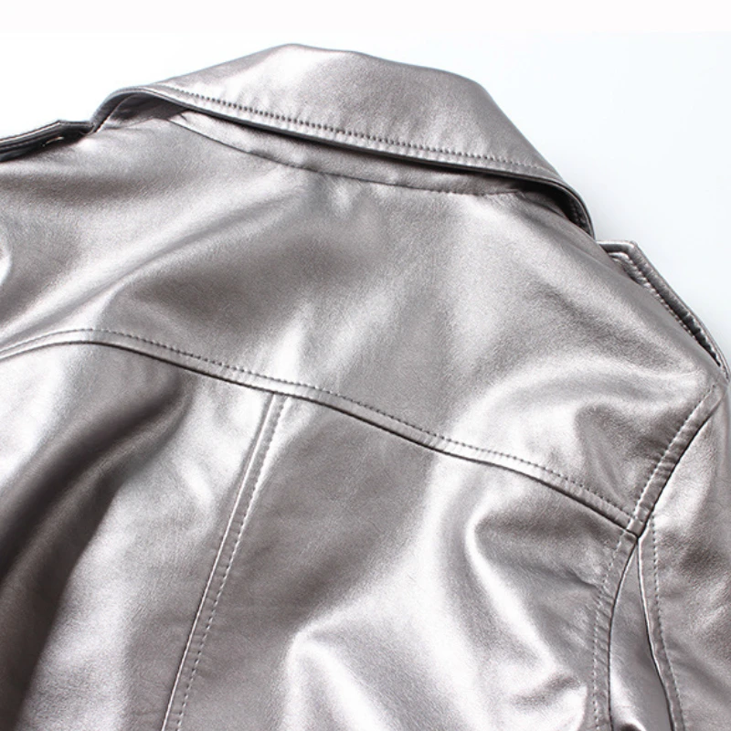 Женские металлические куртки из полиуретановой кожи серебристые Мотоциклетные