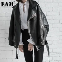 eam high quality 2022 spring black pu leather loose turn down collar zipper fashion new womens wild jacket la938