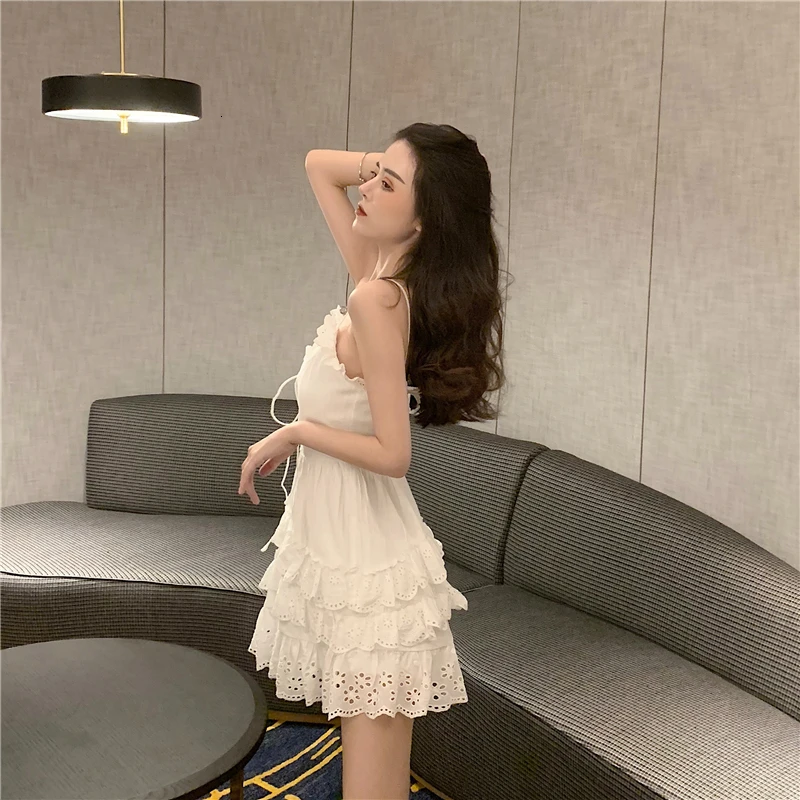 

Cottagecore Lolita Women Dress Summer Sleeveless V-neck Lace Up Ruffles Sundress Female Vestido White Sweet Slim Beach Dresses