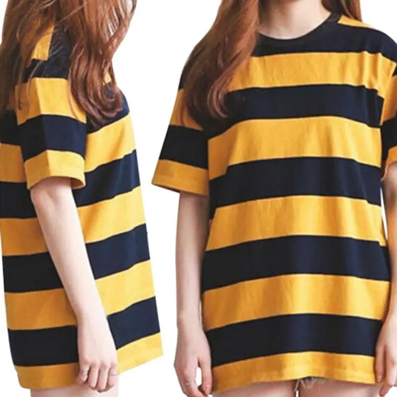 

Women's Summer Tshirt Poleras Mujer Yellow and Black Striped Round Neck Collar Loosen Half Sleeve T-Shirt Casual Tops