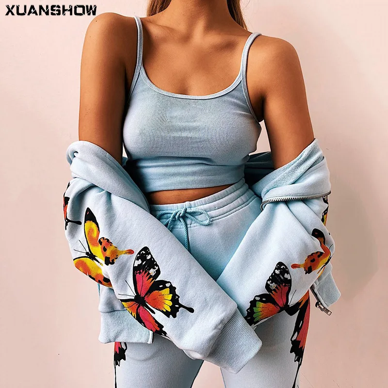 

XUANSHOW 2021 Women Tracksuit Streetwear Animal Butterfly Printed Zipper Loose Hooded Long Pant Two Pice Sweatsuits Jogging Set