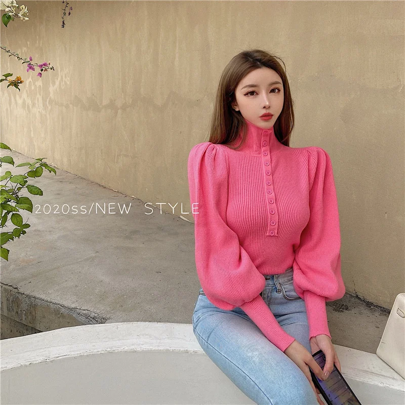 

High Neck Sweater Autumn and Winter Wear Gentle Wind Lantern Sleeve Head Sweater Long Sleeve Top X1938