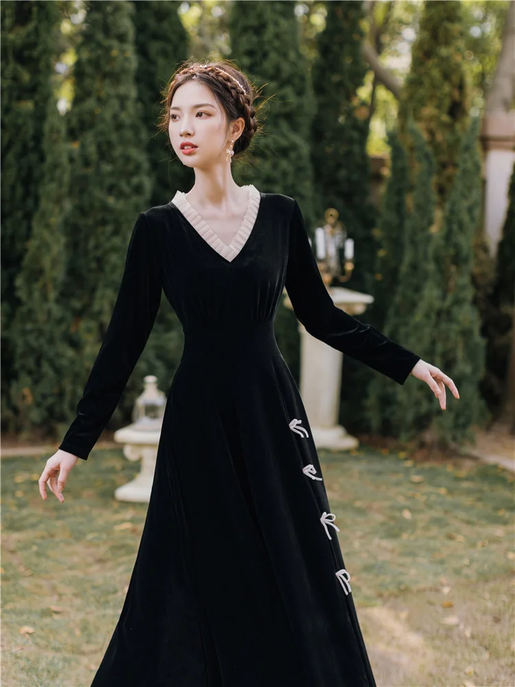 

Mesh Stitching Wood Ears V-Neck High Waist Little Women Black Dress Retro Gold Velvet Stitching Bow Female Party Dresses
