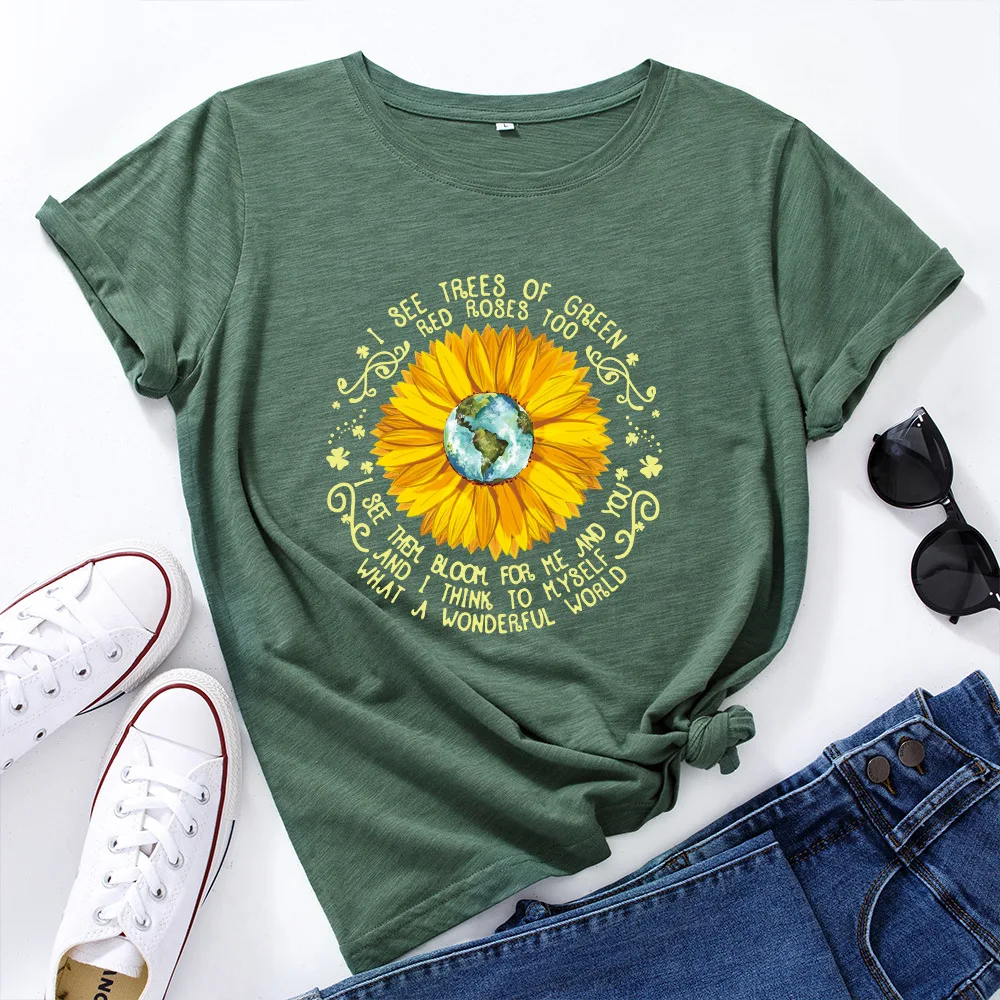 

JFUNCY Short Sleeve Women's Cotton T-shirt Sunflower Earth Letters Print T Shirts Female Graphic Tees Tops Lady Tshirt