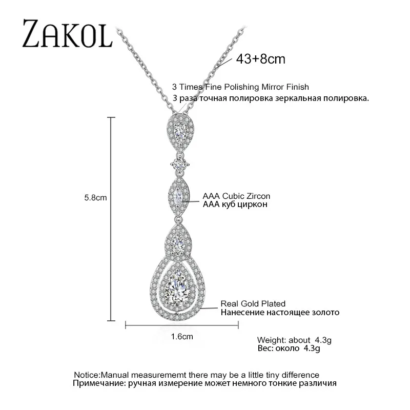 ZAKOL Роскошные капли воды груша кубический циркон длинные подвески и ожерелья для элегантных женщин свадебные ювелирные изделия платье FSNP2038