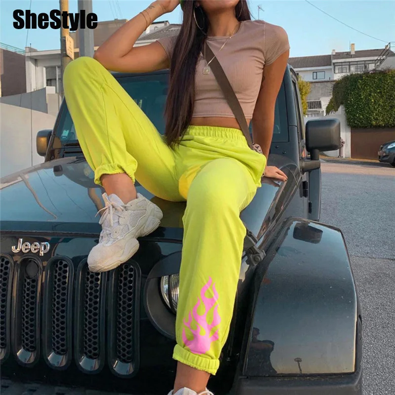 Shstyle, свободные неоновые брюки-карго с принтом, для женщин, с огненным принтом, повседневные, Осень-зима, штаны для бега, для женщин, модная уличная одежда, новинка