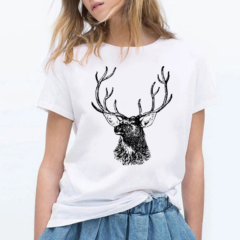 

Cartoon Sika deer head print tshirt Women Graphic tees tops funny tshirt white Tops casual short Camisetas Mujer_T-Shirt