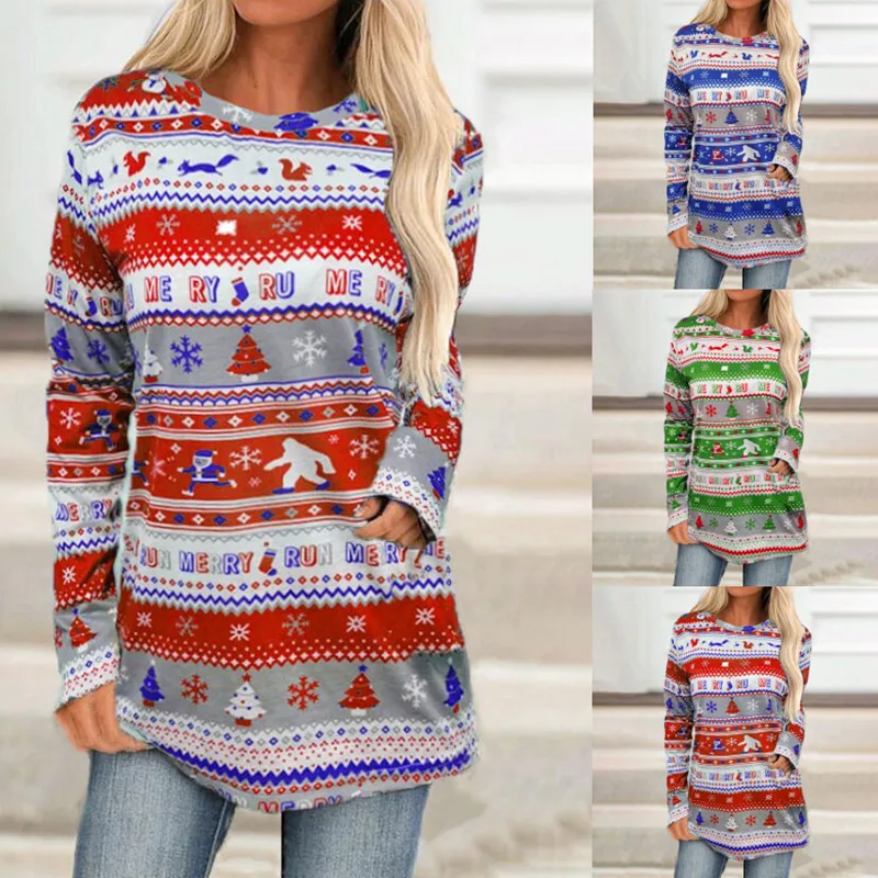

3 Colors Christmas Santa Claus Soft Cartoon Printing Long Sleeve Hoodies Fashion Spring Autumn Girl Woman Loose Tops Hot 2021
