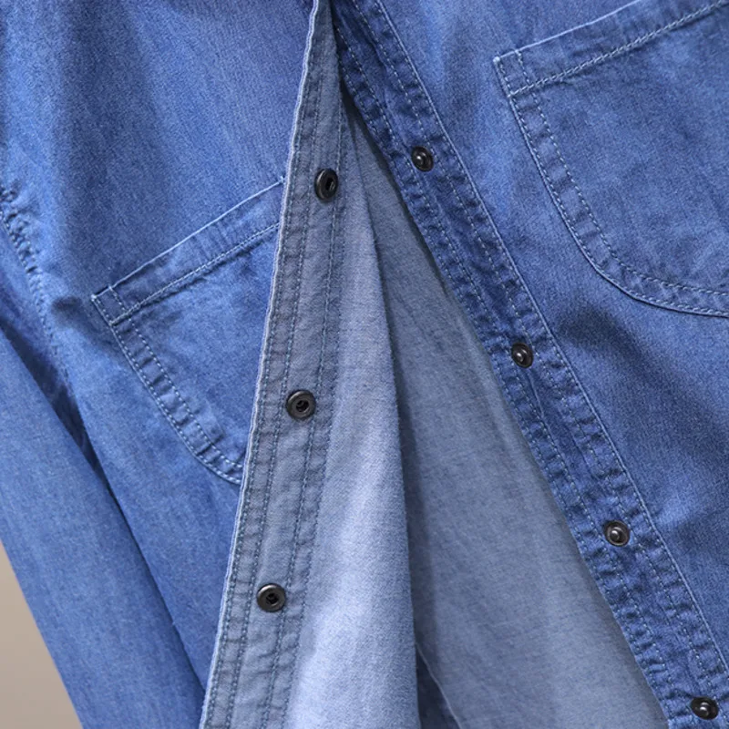 

Women Large Size Denim Shirt Spring And Autumn Simple Loose Single-breasted Long-sleeved College Style Female Casual Blouse 3XL
