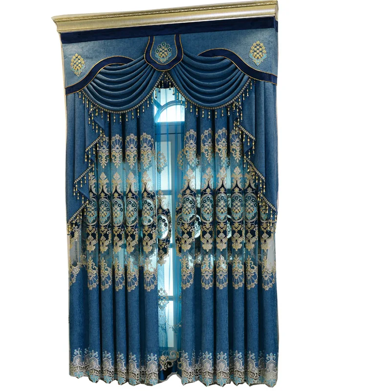 

European Style Curtains For Living Room Bedroom Light Luxury Hollow Embroidery Curtains Tulles Blue Brown Curtains Customization