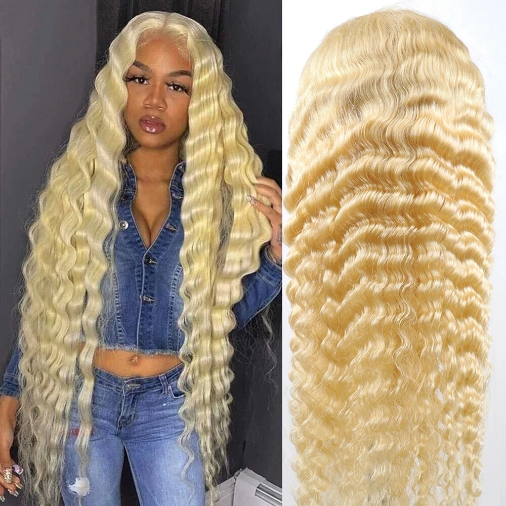 

613 парик блонд на сетке спереди 13x4, прозрачный парик на сетке спереди, предварительно выщипанный 30 32 дюйма, бразильские Свободные парики из человеческих волос с глубокой волной