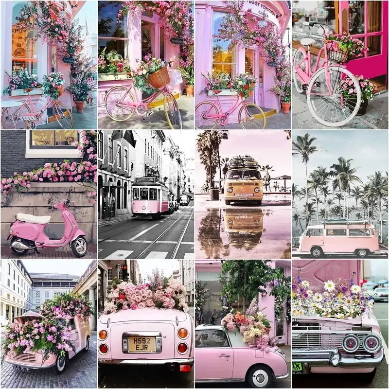 

CHENISTORY Paint By Number Flower Car Kit Drawing Wall Art Handpainted Pictures By Number Pink Landscape For Adults DIY Gift Hom
