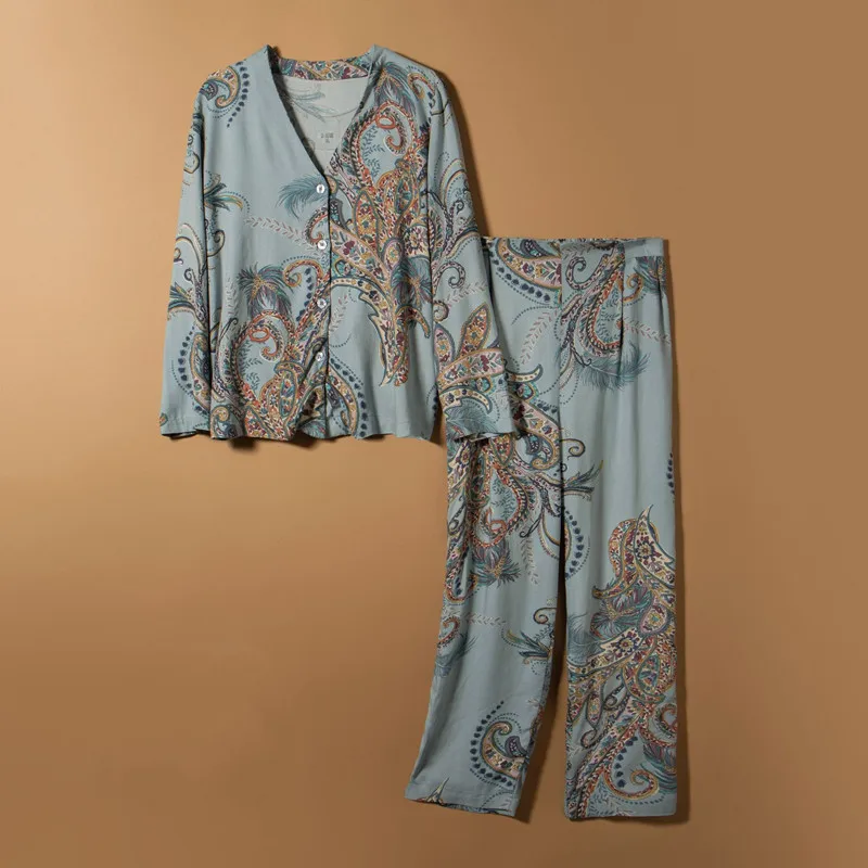 

XIFER Two-piece Pajamas Long-sleeved Cardigan Suit Suit Pajamas Women's Print Can Be Worn Out of Female Homewear