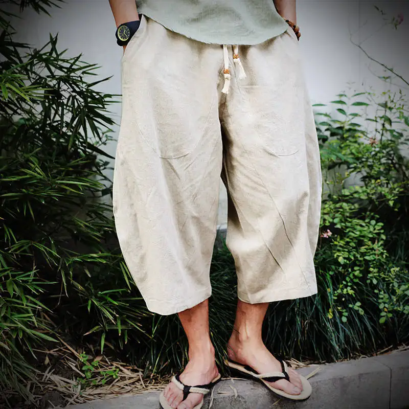 

Wide-legged Bloomers Chinese Style Flaxen Baggy 2020 Pants Men Pants Men's Wide Crotch Harem Pants Loose Large Cropped Trousers