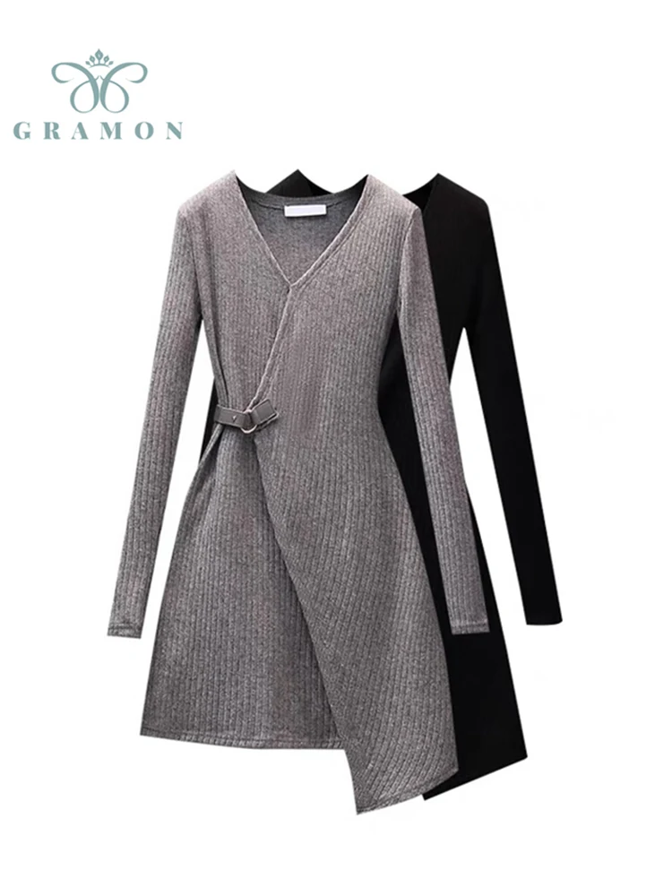 

Mujer Knitted Sueters Dresses Autumn Korean Fashion Plus Size Clothes Solid Color V-neck Irregular Sashes Midi Vestidos Woman