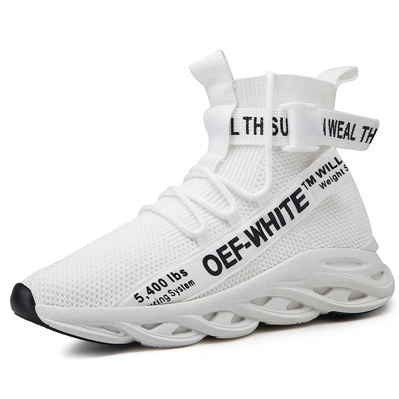 Men's Spring Autumn Fashion Leisure Casual Shoes Mesh Fabric Lightweight Hiking Walking Running Sport Sock High-top Sneakers - Цвет: White-2