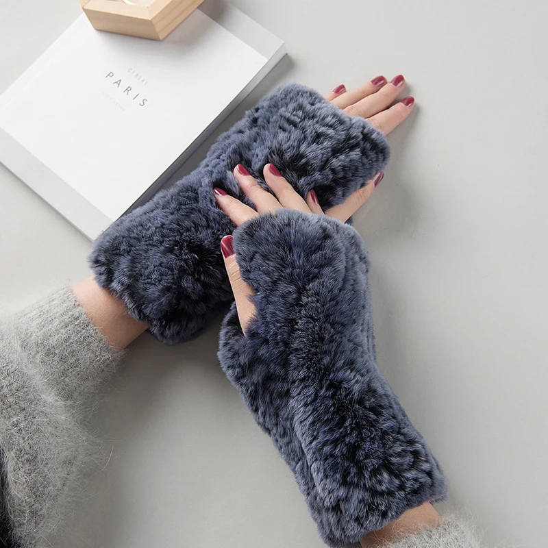 

100% Real Genuine Knitted Rex Rabbit Fur Mittens New Women Winter Warm Lady Real Fur Fingerless Gloves Handmade Knit Fur Mitten