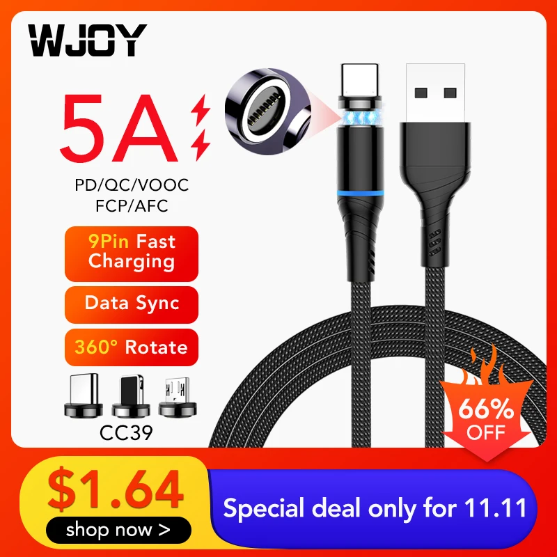 Магнитный кабель WJOY Type C с полным согласованием 5А для быстрой зарядки и