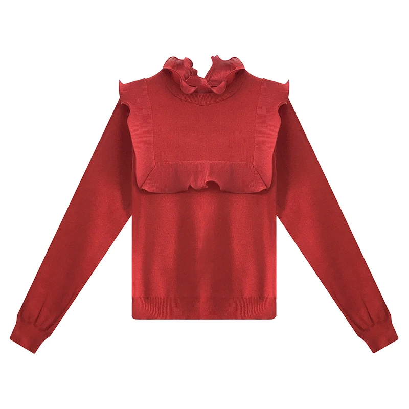 

Wooden ear edge sweater women's autumn winter 2020 New Retro slim long sleeve T-shirt with half high collar