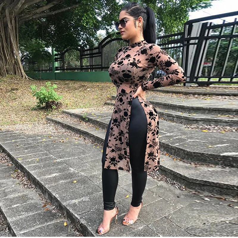 

High Street Casual T Shirt Feme Summer Flower Print Turtleneck Long Sleeve Tees Double Side High Split Long Tees Tops