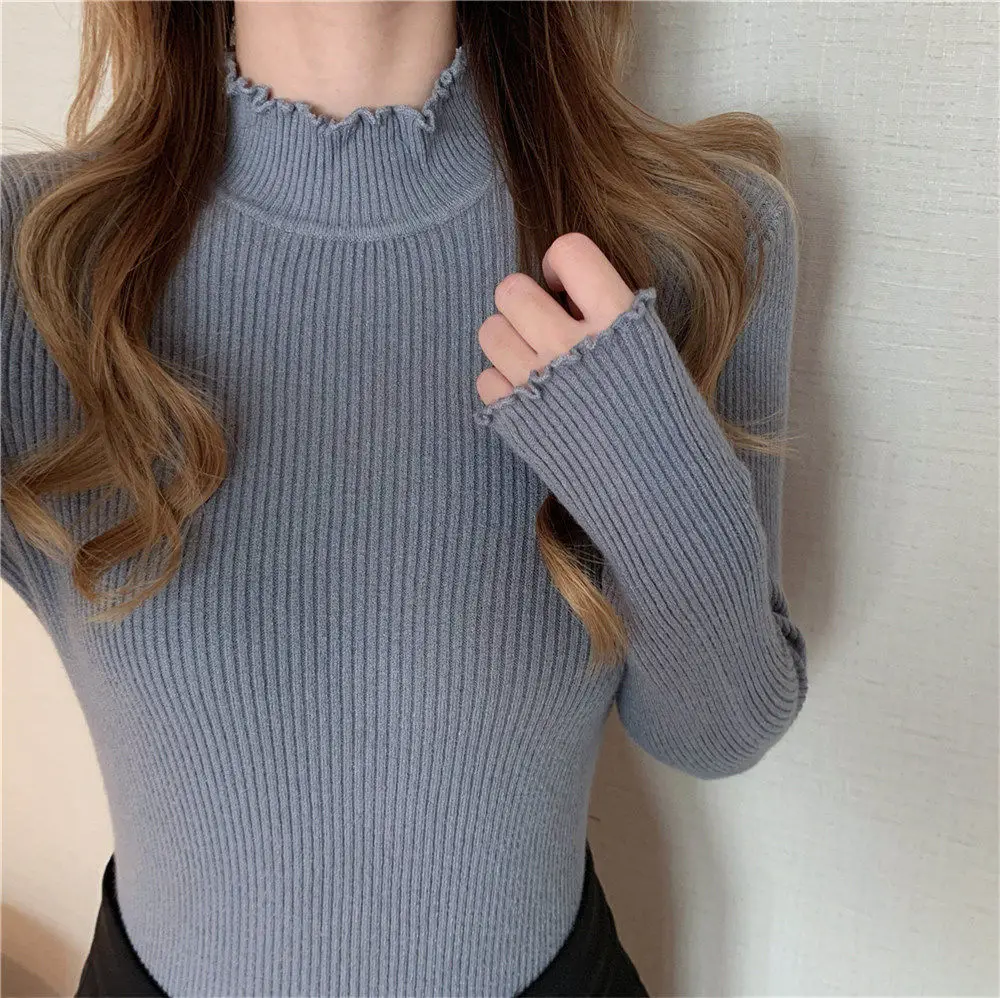 

Women Ruched Mock Neck Sweater New Autumn Winter Long Sleeve Knitted Top Casual Slim Bottoming Pullover Stretchy Korean Clothes