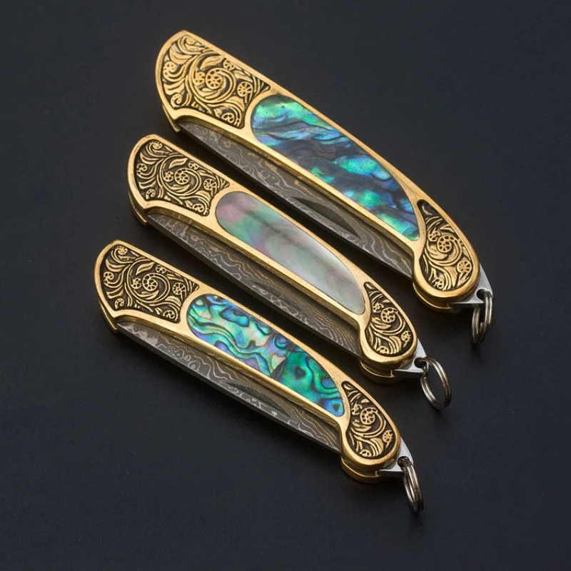 

Damascus Steel Brass Shell Handle Mini Folding Knife Outdoor Self Defense Camping Rescue Survival Hunting Knife Keyring EDC Tool