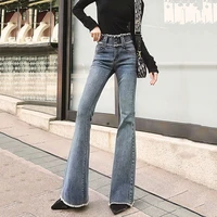vintage blue flare jeans spring autumn high waist slim denim pants streetwear high waist ripped waist boot cut jeans trousers